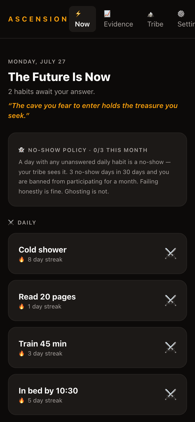 The Today board: daily habits with streaks, each awaiting an answer